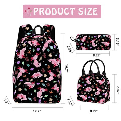 Axolotl Cute 3PCS Backpack Set for Teens Elementary Middle High School, 17 Inch Lightweight Classic Bookpack 3 in 1 Set for Girls Boys, Kids Back to School Backpack with Lunch Box Pencil Case - color: Axolotl