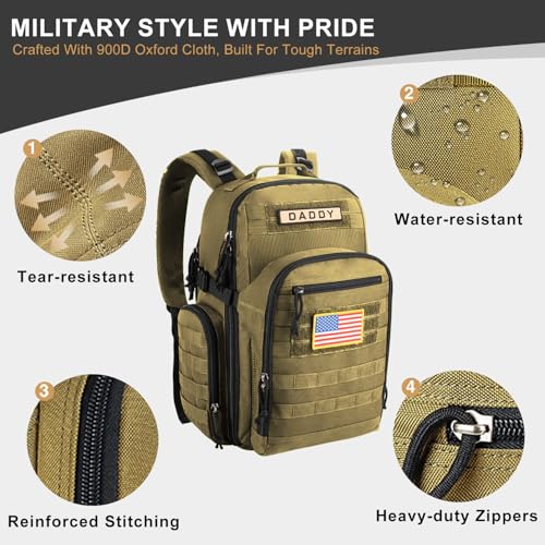 MIRACOL Military Diaper Bag for Dad - Tactical Style Baby Backpack with MOLLE & Changing Pad - 14 Compartments Rugged Design for Outdoor Travel Camping Tan - color: Khaki W/ Changing Mat