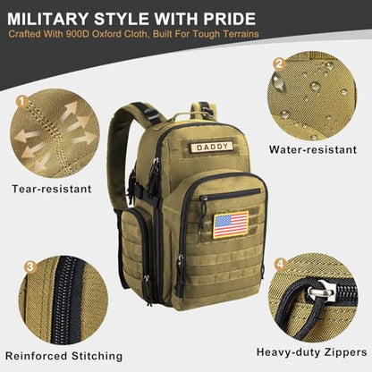 MIRACOL Military Diaper Bag for Dad - Tactical Style Baby Backpack with MOLLE & Changing Pad - 14 Compartments Rugged Design for Outdoor Travel Camping Tan - color: Khaki W/ Changing Mat