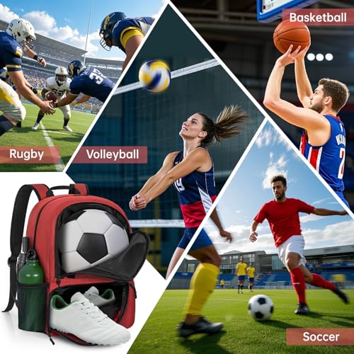 GMAK Soccer Backpack for Youth, Soccer Bag with Ball/Shoe Compartment for Football/Basketball/VB, Lightweight Training Pack - color: Red