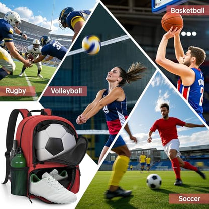 GMAK Soccer Backpack for Youth, Soccer Bag with Ball/Shoe Compartment for Football/Basketball/VB, Lightweight Training Pack - color: Red