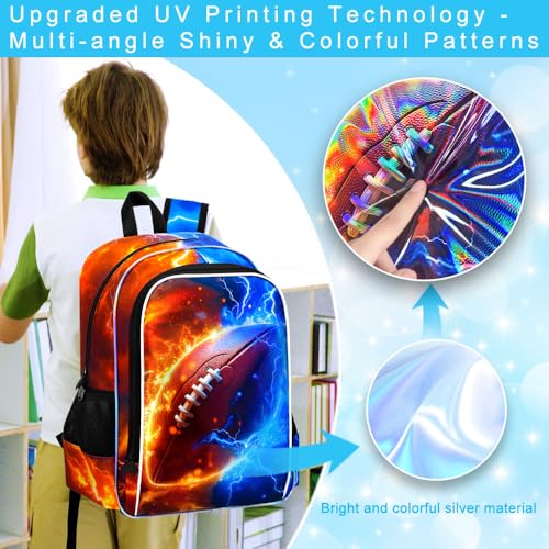 AGSDON 3PCS Rugby Backpack for Boys, 17" Kids Bookbag with Lunch Box for Boy, Flame Thunder Backpacks Water Resistant and Lightweight for Teen - color: Rugby