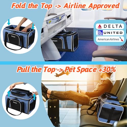 Petskd Top-Expandable Pet Carrier 18x11x11 Inches Delta American United Airline Approved, Soft-Sided Carrier for Small Cats and Dogs with Locking Safety Zippers and Anti-Scratch Mesh(Blue) - color: Blue, size: 18.0"L x 11.0"W x 11.0"H