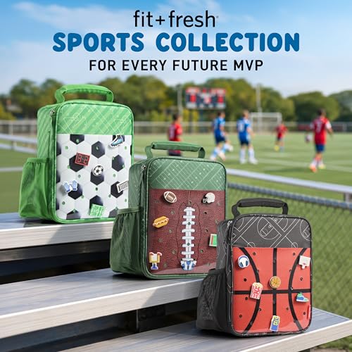 Fit & Fresh Customizable Charm Lunch Bag for Boys & Girls, Football Kids Lunch Box with 6 Sports Charms, Premium Insulated Reusable Lunch Tote for School - color: Green Football