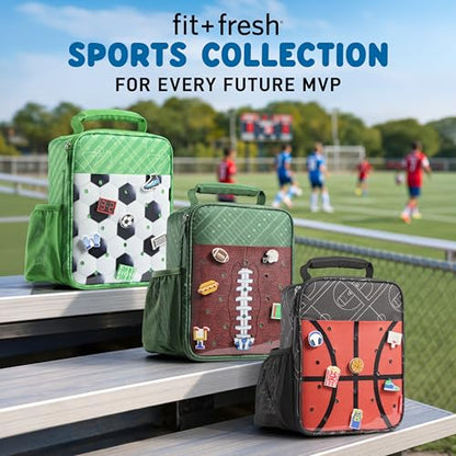 Fit & Fresh Customizable Charm Lunch Bag for Boys & Girls, Football Kids Lunch Box with 6 Sports Charms, Premium Insulated Reusable Lunch Tote for School - color: Green Football