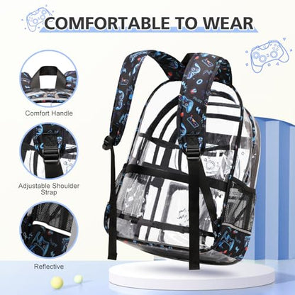 DIGOBAY 3PCS Cool Luminous Clear Backpack for Boys Kids, Gamer Clear Bookbag for School, See Through PVC Transparent Backpacks with Lunch Bag Pencil Case, Backpack Heavy Duty for School Stadium - color: Blue
