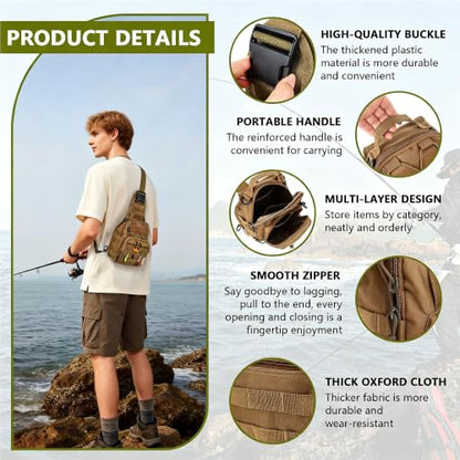 Fishing Backpack Small Fishing Tackle Storage Bag with 3 Methods of Carrying Large Capacity Sling Backpack for Outdoor Hiking Travel Hunting (Khaki) - color: Khaki