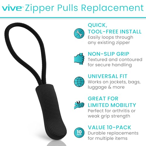 Vive Zipper Pulls Replacement (10 Pack) - Helper Grip Fix for Clothes, Shoes, Purse, Handbag, Luggage, Jacket, Backpack, Boot - Universal Easy Gripper Puller - Set of Plastic Repair Tabs Dexterity Aid