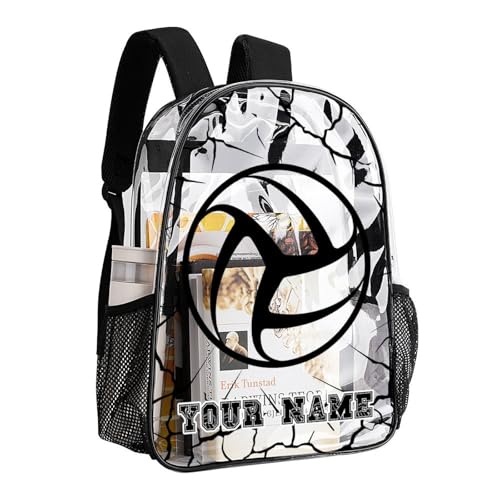 Custom Volleyball Clear Backpack Heavy Duty for Girls Kids Boys | Large Cool PVC Volleyball Theme Printing Transparent Backpacks for Schools Stadium Concerts Work - Clear/Black - color: Volleyball Clear Backpack 3 Black Custom