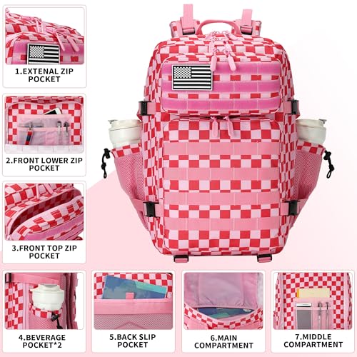 Lovelinks21 45L Tactical Assault Backpack 3 day assault pack with Molle Waterproof backpack Rucksack for Tactical Backpacks (Pink white check) - color: Pink White Check