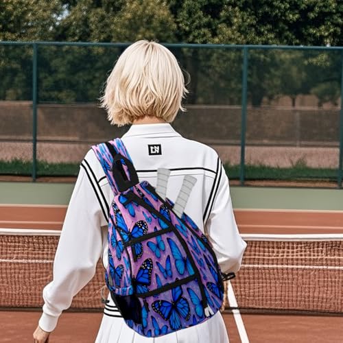 Pickleball Bag for Women & Men – Lightweight Sports Backpack with Paddle Compartments, Dual Carry Modes, Detachable Zippered Strap, Brown Leopard, Great Gift Option for Players - color: Blue Butterflies