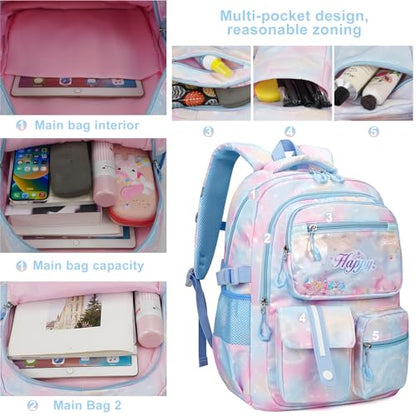 MCWTH Backpack for Teen Girls, Kawaii Cute Kids Elementary Student School Backpacks (Happy Blue) - color: Happy Blue