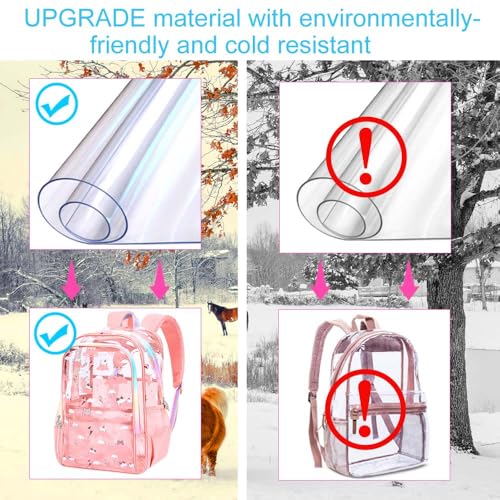 gxtvo 3PCS Girls Clear Backpack Heavy-Duty Set for Women & Teen, 17" Pink See Through Bookbag with Rainbow Strap, Cute Cloud Cat Transparent School Bag - color: Pink Cloud Cat Clear Backpack Set