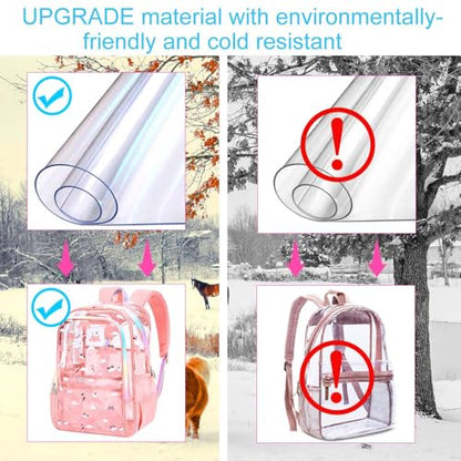 gxtvo 3PCS Girls Clear Backpack Heavy-Duty Set for Women & Teen, 17" Pink See Through Bookbag with Rainbow Strap, Cute Cloud Cat Transparent School Bag - color: Pink Cloud Cat Clear Backpack Set