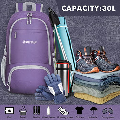 ZOMAKE Lightweight Packable Backpack 30L, Foldable Travel Hiking Daypack - color: Purple 3
