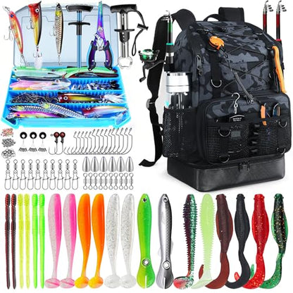 Fishing Backpack with Tackle Boxes and Rod Holder, Cooler, 30L Large Tackle Bag with Fishing Gear Lures Kit, Waterproof Bottom tackle Backpack Fish Set Gifts for Men Women-Camo Back Pack - color: Camo BackPack