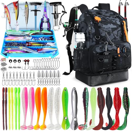 Fishing Backpack with Tackle Boxes and Rod Holder, Cooler, 30L Large Tackle Bag with Fishing Gear Lures Kit, Waterproof Bottom tackle Backpack Fish Set Gifts for Men Women-Camo Back Pack - color: Camo BackPack