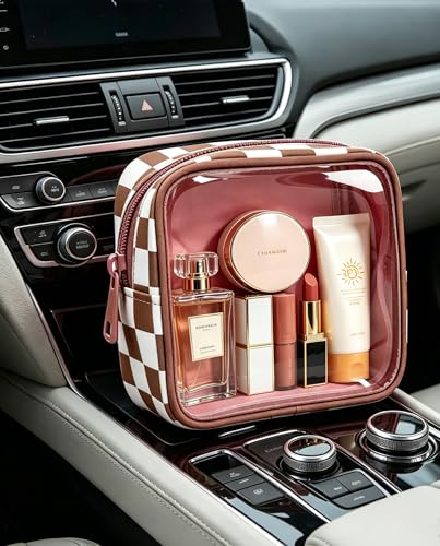 Clear Checkered Makeup Bag, Small Cosmetic Pouch with Zipper Mini Waterproof Makeup Purse Organizer Cute Cosmetic Bag Travel TSA Approved Toiletry Bag Car Organizer for Women Girls (Brown) - color: Brown
