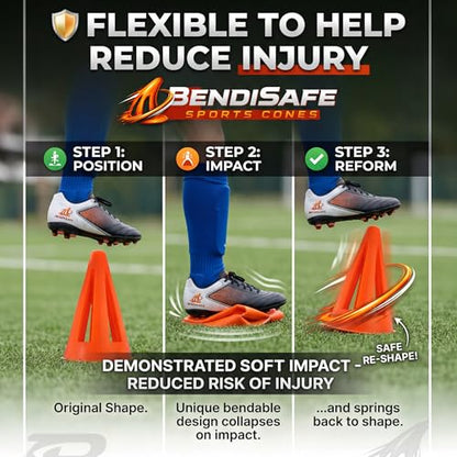 Healthy Surplus Soccer Training Markers (12) - Flexible Agility Markers for Soccer, Football, Hockey & Basketball Drills - High Visibility Orange Field Markers - Made in USA - BendiSafe