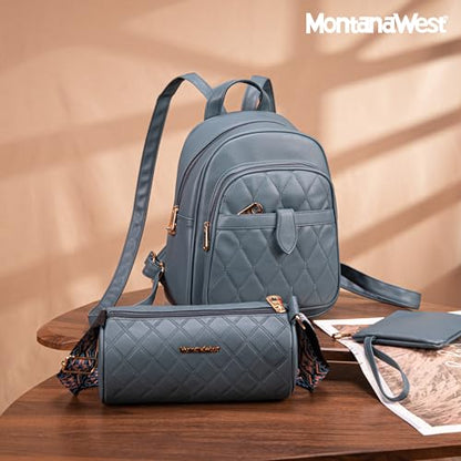 Montana West 3Pcs Anti Theft Backpack Purse for Women Small Quilted Backpack Set - color: Z-3pcs Jean