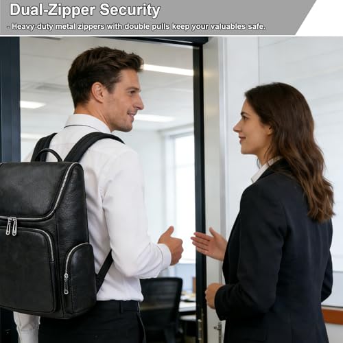 Genuine Leather Black Backpack - 15.6 Inch Business Laptop Backpack for Men & Women, Multi-Compartment Ergonomic Shoulder Bag for Office, Travel - color: Y60&71 Black