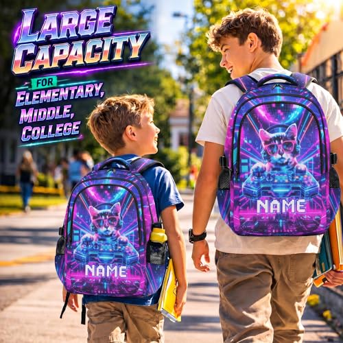 Personalized Backpacks Boys Backpack for Kids Teen Gaming Lovers, Funny Large Custom Cat Bookbag for Students Travel Camping Primary Middle - color: Pink