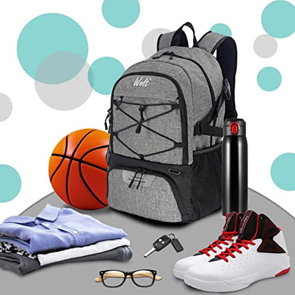 WOLT Basketball Backpack Large Sports Bag with Separate Ball Holder & Shoes Compartment, Best for Basketball, Soccer,Gym - color: Grey