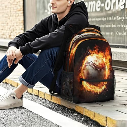 Large Backpack with 15.6 Inch Laptop Compartment, Baseball Ball Fire Adult Backpack for Work, Travel & School College Boys Girls - color: Baseball Ball Fire