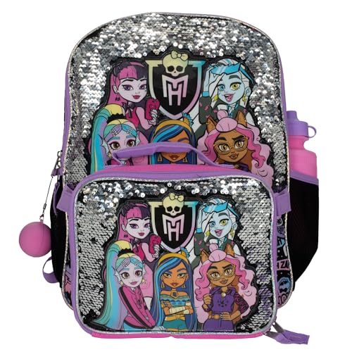 AI ACCESSORY INNOVATIONS Monster High 4 Piece Backpack Set, Clawdeen Wolf, Cleo DeNile, Dracularua, Frankie Stein, & Lagoona Blue Bookbag, Flip Sequins 16” School Bag, Black & Pink - color: Monster High