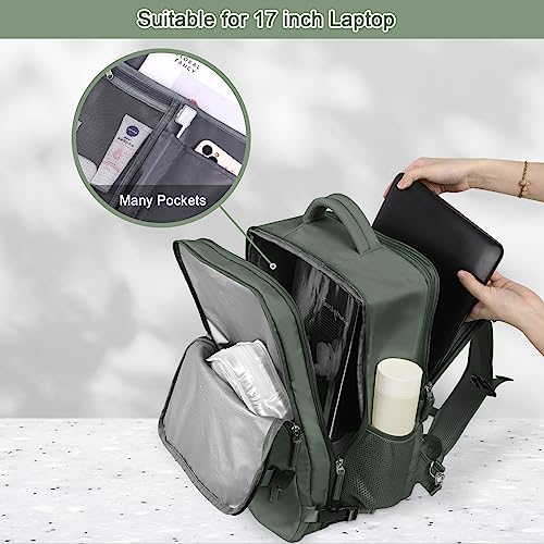 Sinaliy Large Expandable Travel Backpack for Men and Women, 17 Inch Laptop, Waterproof, Casual, College Bookbag, Backpack for Women, as Person Item Flight Approved - color: Olive Green