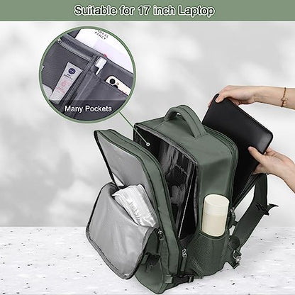 Sinaliy Large Expandable Travel Backpack for Men and Women, 17 Inch Laptop, Waterproof, Casual, College Bookbag, Backpack for Women, as Person Item Flight Approved - color: Olive Green