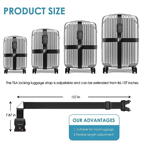 Travel Inspira Luggage Straps for Suitcases with TSA Lock, Protect Your Luggage Anti-Burst, High Visibility Color, Easy to Identify Luggage Adjustable Heavy Duty Belt for 20-28 Inch Suitcases - color: Cross Black