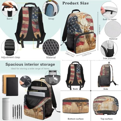 3 in 1 School Backpack, 3PCS American Flag Elk Kids Bookbag Set Large Capacity 17 Inch Student Backpack with Lunch Box and Pencil Case - color: American Flag Elk