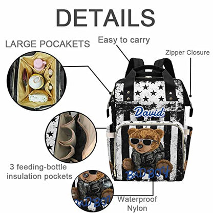 Custom Bear Diaper Bag Backpack for Baby Boy, Personalized Name American Flag Large Nappy Nursing Orangizer Mommy Bags, Waterproof Travel Daypack for Dad Mom Gifts - color: American Flag-bear-01
