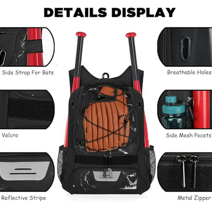 Goloni | Baseball Backpack,Baseball Bag for Adult,Softball Bat Bag with Shoes Compartment,Large Main Compartment for Helmet & accessories, Fence Hook - color: Marble