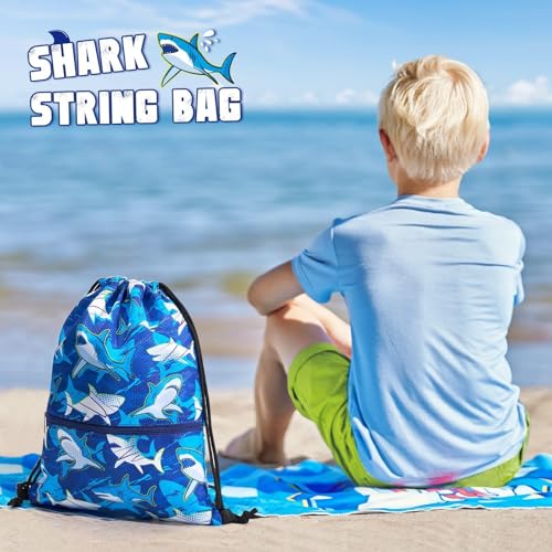 WAWASAM Kids Drawstring Backpack, Gym Swim Bag Cinch Bag for Girls Boys with Zipper Pocket - color: Shark A002