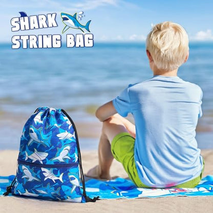 WAWASAM Kids Drawstring Backpack, Gym Swim Bag Cinch Bag for Girls Boys with Zipper Pocket - color: Shark A002
