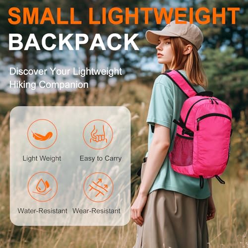 Small Hiking Backpack 15L Travel Lightweight Hiking Packable Daypack Water-Resistant Foldable Backpacks for Women Men Camping (Pink) - color: Pink, size: 15L