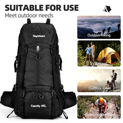King'sGuard 60L waterproof lightweight hiking backpack with rain cover and shoe compartment outdoor sports travel backpack - color: Black