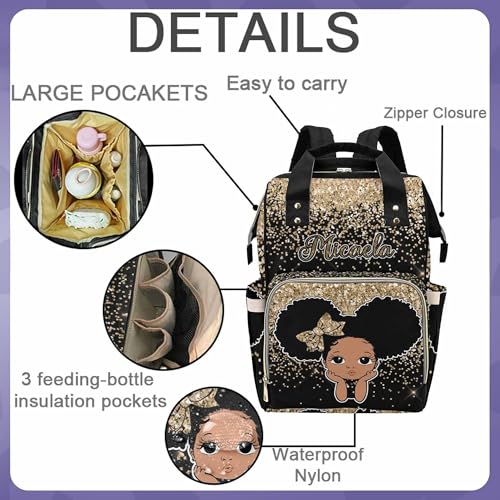 Newcos Personalized Golden Glitter Mommy Nursing Baby Bags Custom Afro Princess Diaper Bag Backpack with Name Customized Red Large Nappy Bags for Women - color: 230112-16