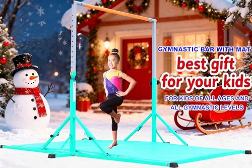 Marfula Gymnastic Bar For Kid and Teenage of 3-25, 5Ft/8 FT Base Length 4Ft Width 5Ft Adjust Height, Gymnastic Kip Bar For Gymnast, Gymnastic Training Equipment For Professional Training Home Club Use - color: Teal (Bar with Mat - 8Ft Base)