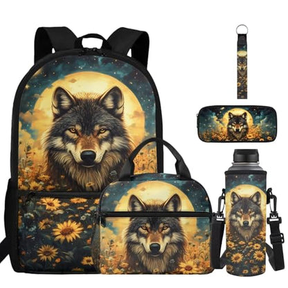 ZDCUSTOM Sunflower Wolf School Backpack with Lunch Box for Kids Boys School Bags with Pencil Case Keychain Water Bottle Holder 5PCS, Large Capacity Elementary Bookbag for 1st 2nd 3rd Grade - color: Sunflower Wolf