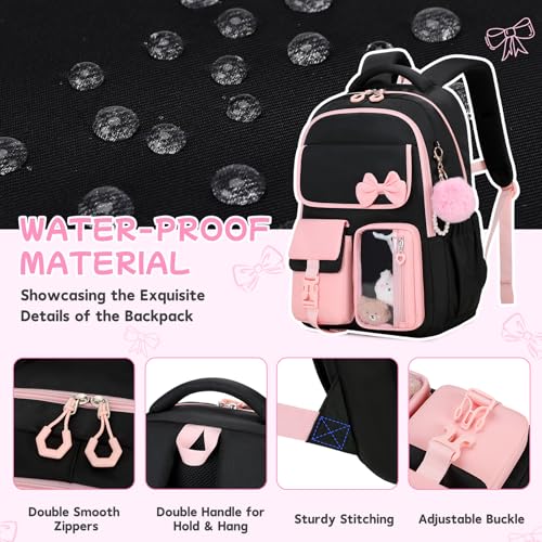 Girls Backpack, School Backpack for Girls, Cute Bow Kids Bookbag for Grils Children Teens for Elementary Middle High School Student, Back To School, Black Pink - color: Black Pink