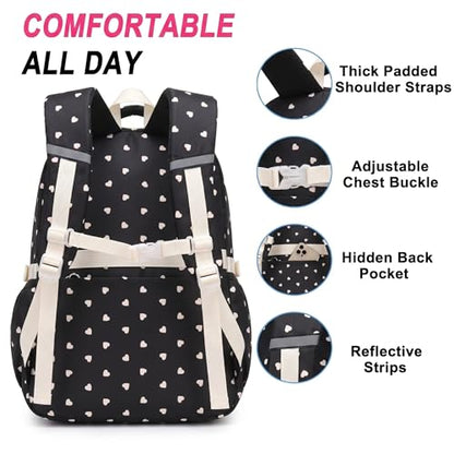 3PCS Kids Backpack Set, School Backpack with Lunch Bag & Pencil Case, Lightweight Waterproof Bookbag for Kids (Black Heart) - color: Black Heart