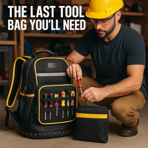 Rugged yet Comfortable Tool Backpack with Hard Molded Bottom and Tool Pouch, Heavy Duty 1680D Tool Bag with Laptop Sleeve, Multiple Pockets for Power Tools and Hand Tools, USB Port, Padded Straps