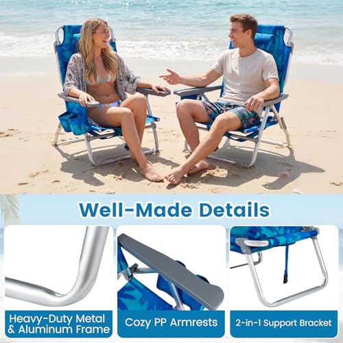 COSTWAY Portable Folding Backpack Beach Chairs Set of 2 with 5-Position Backrest, Padded Headrest, Cup Holder & Ice Bag for Lawn, Poolside (Coconut Blue) - color: Coconut Blue