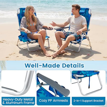 COSTWAY Portable Folding Backpack Beach Chairs Set of 2 with 5-Position Backrest, Padded Headrest, Cup Holder & Ice Bag for Lawn, Poolside (Coconut Blue) - color: Coconut Blue