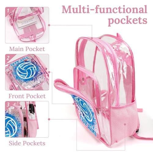 Custom Volleyball Clear Backpack Heavy Duty for Girls Kids Boys | Large Cool PVC Volleyball Theme Printing Transparent Backpacks for Schools Stadium Concerts Work - Clear/Pink - color: Volleyball Clear Backpack 2 Pink With Front Pocket Custom