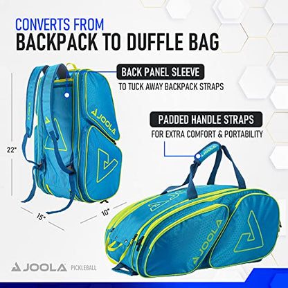 JOOLA Tour Elite Pickleball Bag – Backpack & Duffle Bag for Paddles & Pickleball Accessories – Thermal Insulated Pockets Hold 4+ Paddles - Includes Fence Hook - color: Blue/Yellow