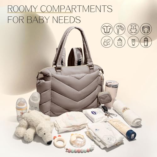 Diaper Bag Tote, Diaper Bag Backpack,Puffer Tote Bag with Pacifier Case, Lightweight Mommy for Hospital, Puffy with 10 Pockets, Convertible Baby for Travel,Khaki - color: Khaki